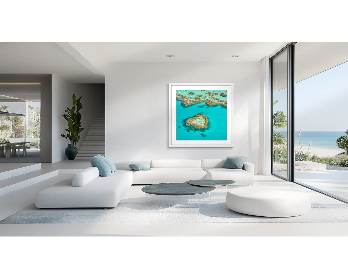 The Heart. Great Barrier Reef coastal wall art print, on a living room wall, of a coastal house. 