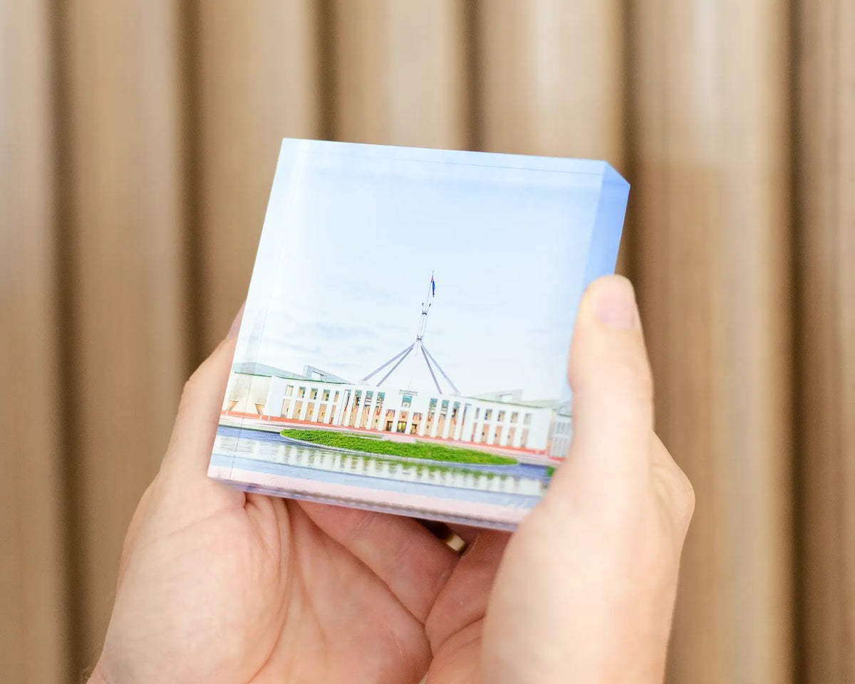 The Hill acrylic block being held - Australian Parliament House, Canberra, ACT. 