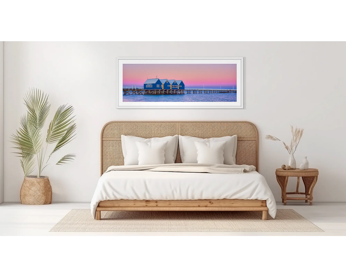 The Jetty. Busselton Jetty wall art, in a white frame, on a bedroom wall. 