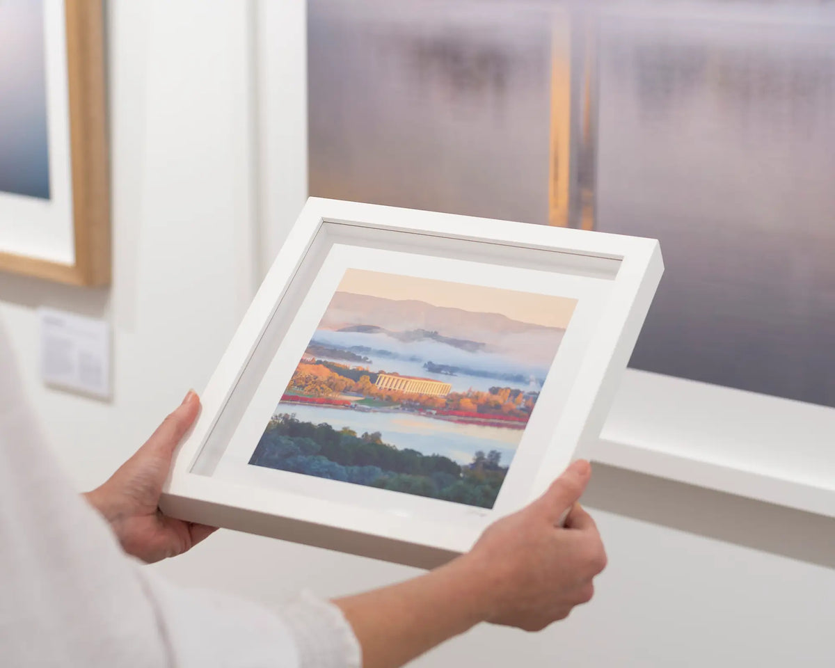 The Library - National Library of Australia at sunrise small square framed print with white border