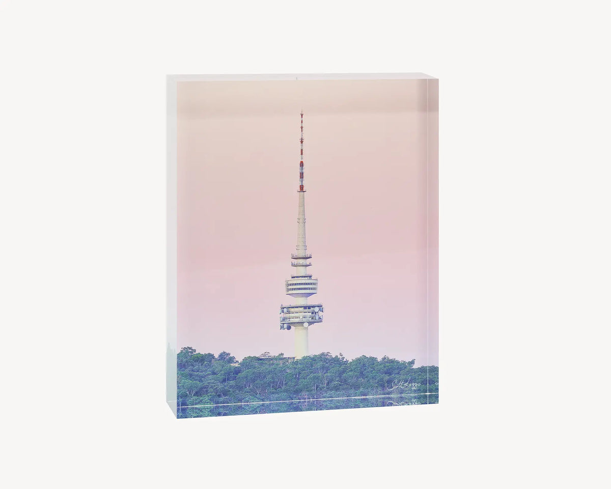 The Needle. Acrylic block of Telstra tower and Black mountain tower with a pink sunset. Canberra artwork.