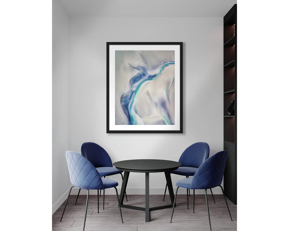 Tidal Orchid. Abstract coastal wall art print with a black frame, in an office meeting room. 