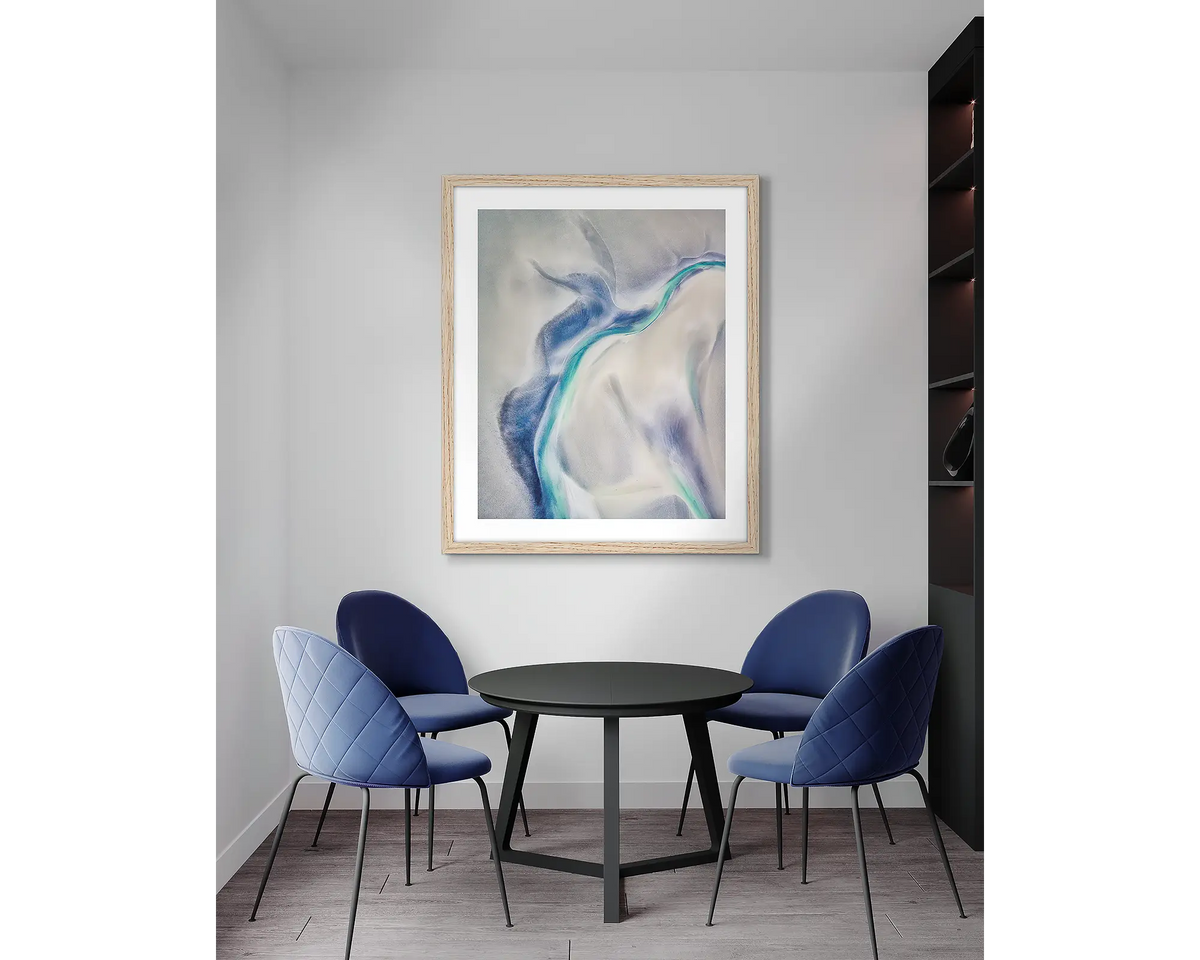 Tidal Orchid. Abstract coastal wall art print with a timber frame, in an office meeting room. 