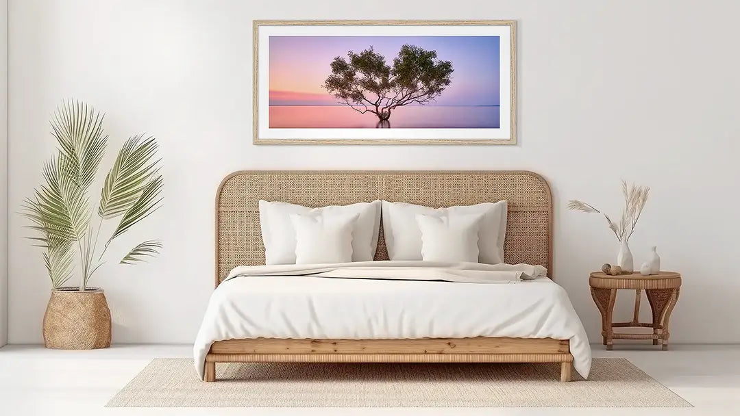 Tidal Tranquility. Fraser Island pastel wall art in oak frame in bedroom.