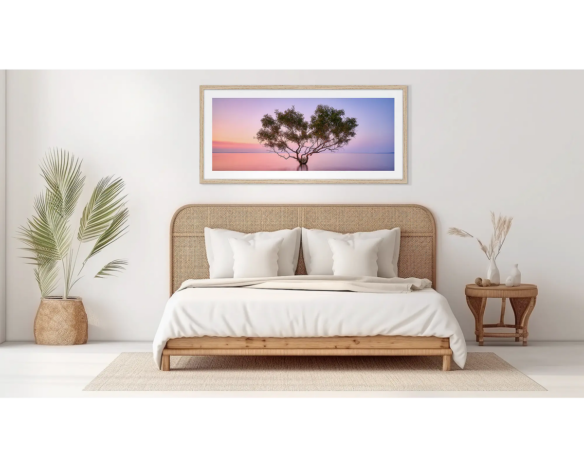 Tidal Tranquility. Fraser Island wall art, in an oak frame, in a bedroom. 