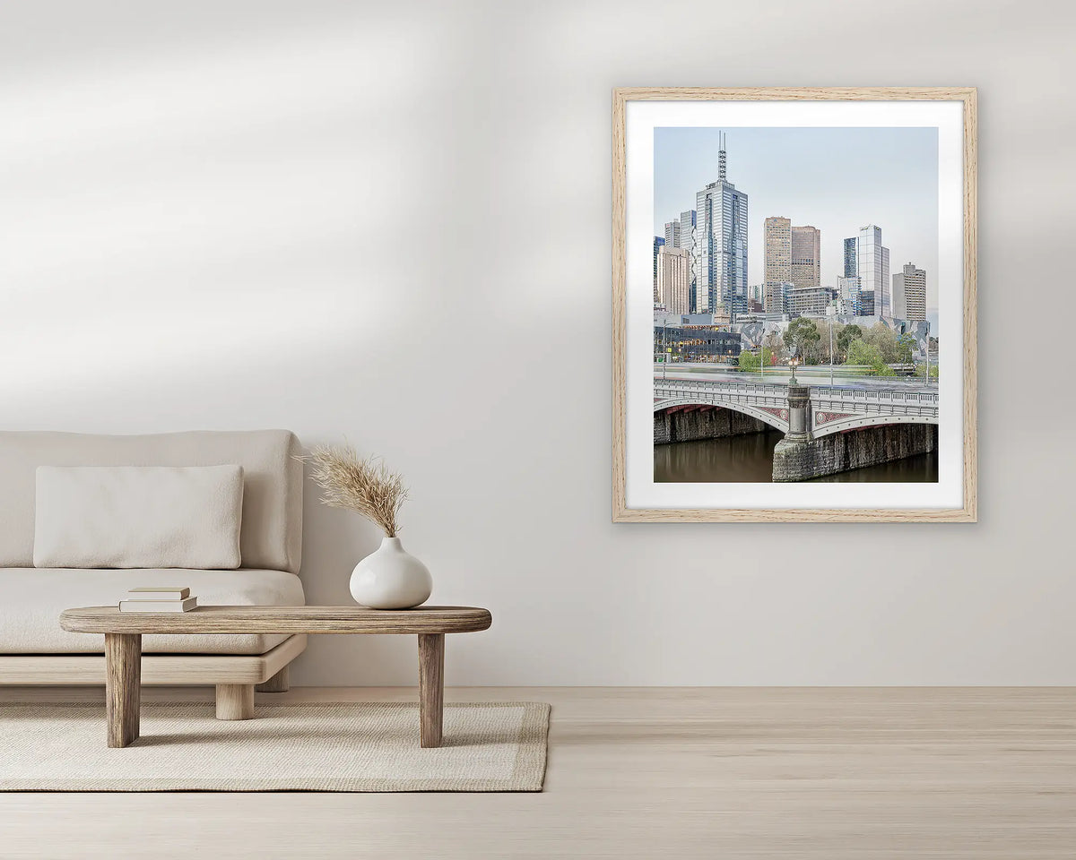 Top End. Extra large, Melbourne wall art print, with a Tassie oak frame, in a living room. 