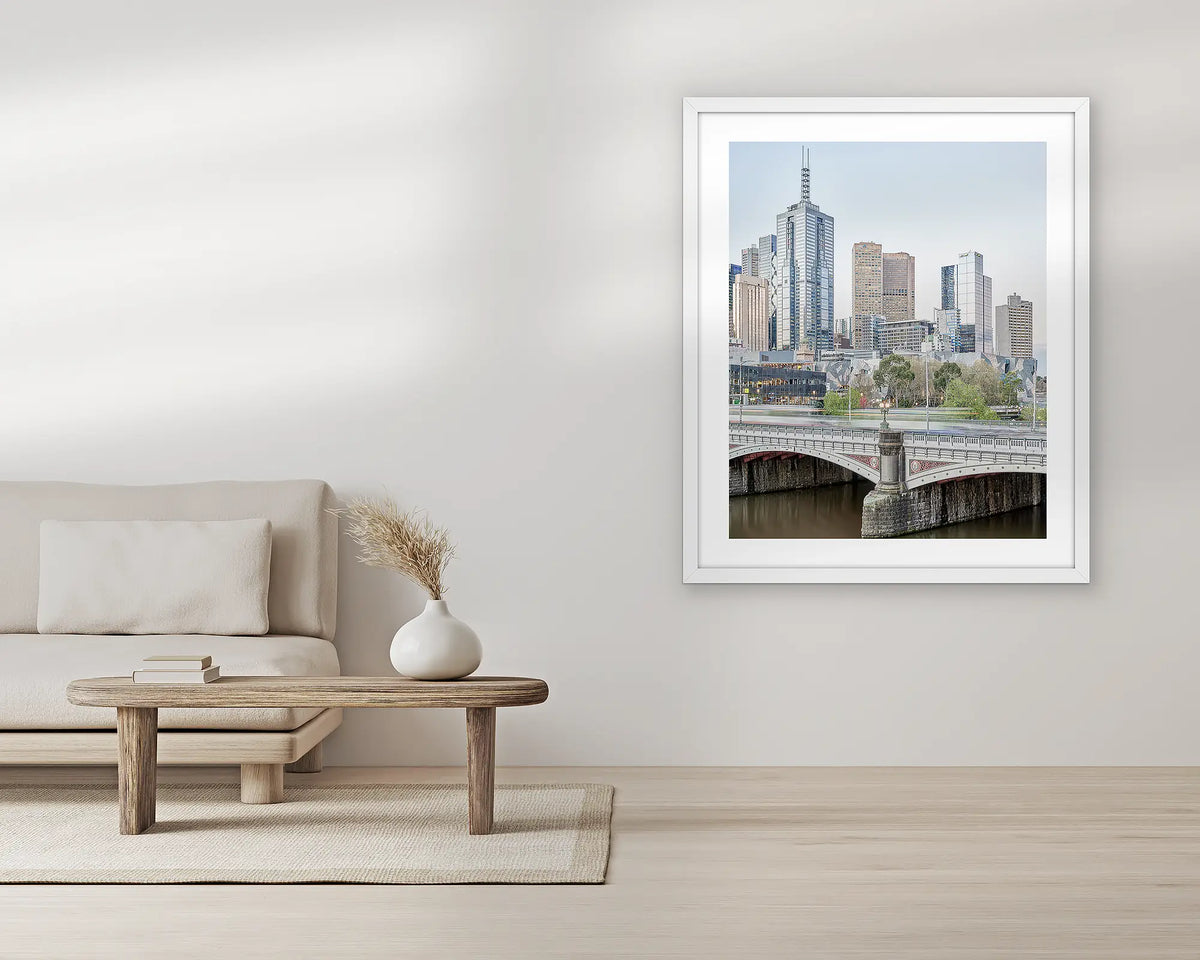 Top End. Extra large, Melbourne wall art print, with a white frame, in a living room. 