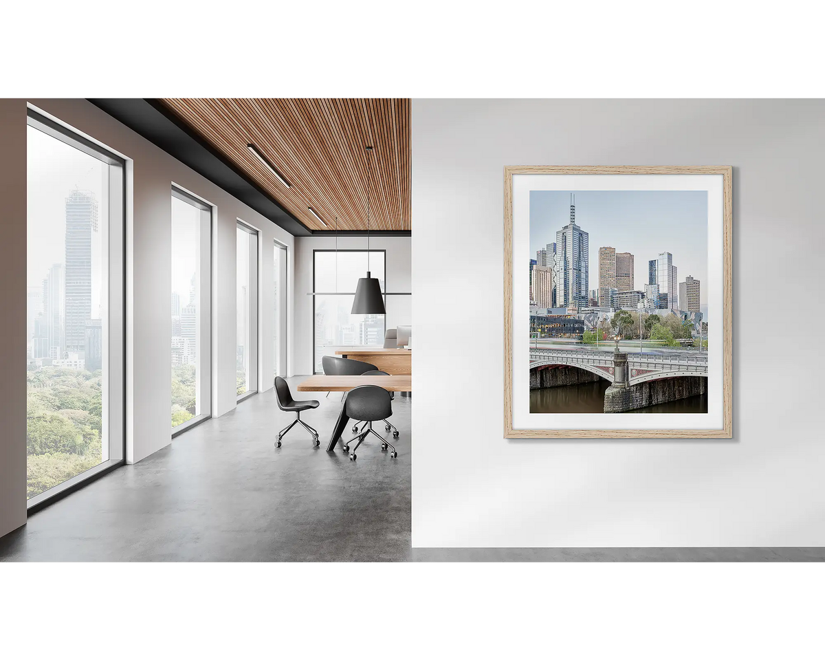 Top End. Melbourne C.B.D artwork, in an oak frame, on an office wall. 