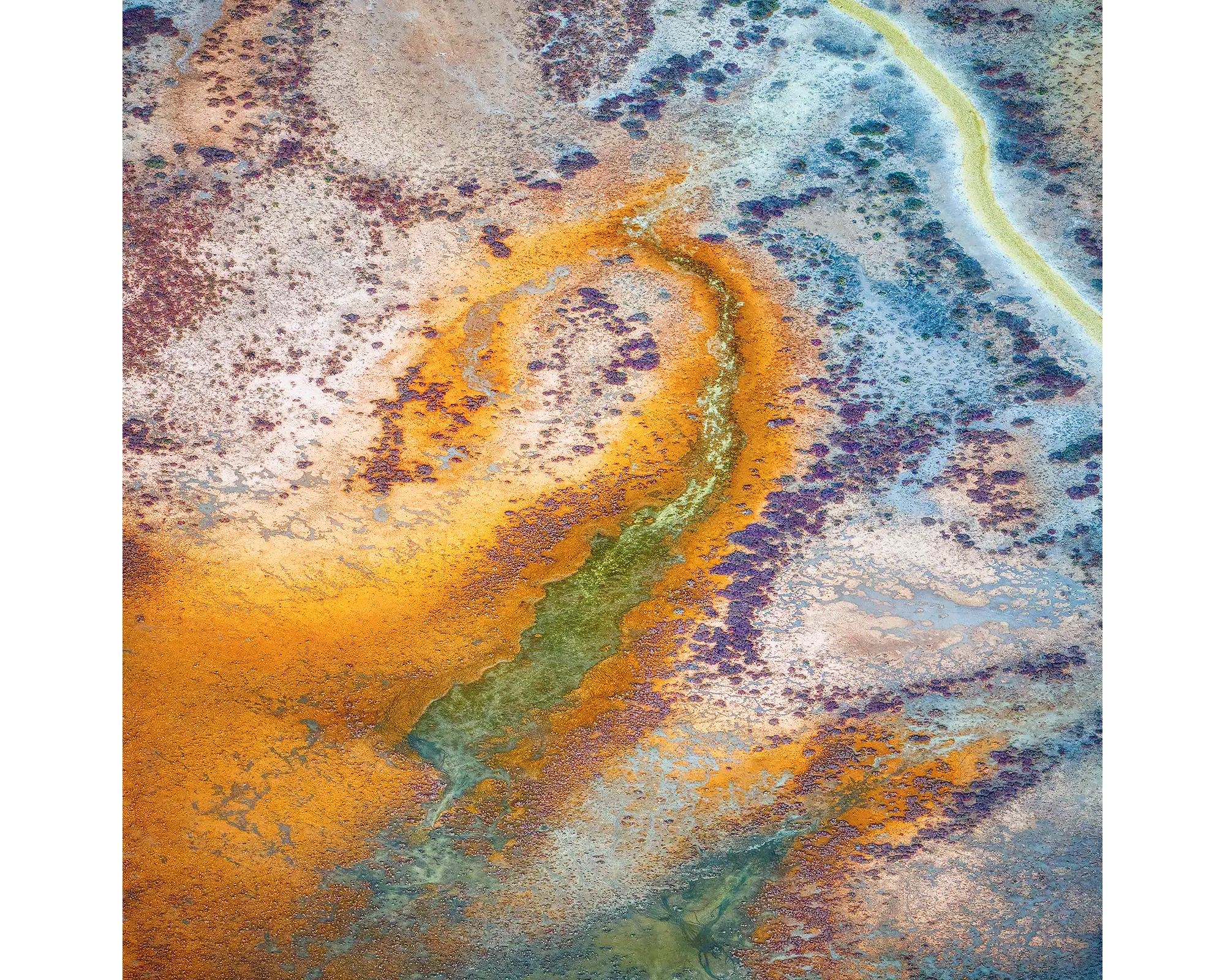 Aerial view of brightly coloured patterns in Roebuck Plains, the Kimberley, WA. 