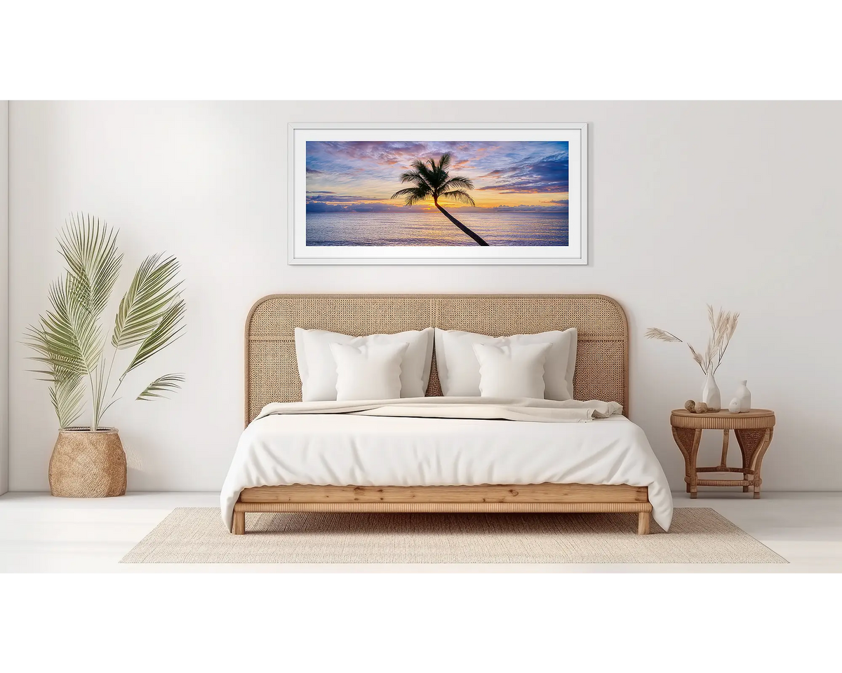 Tropical Icon. Cairns wall art, in a white frame, in a bedroom. 