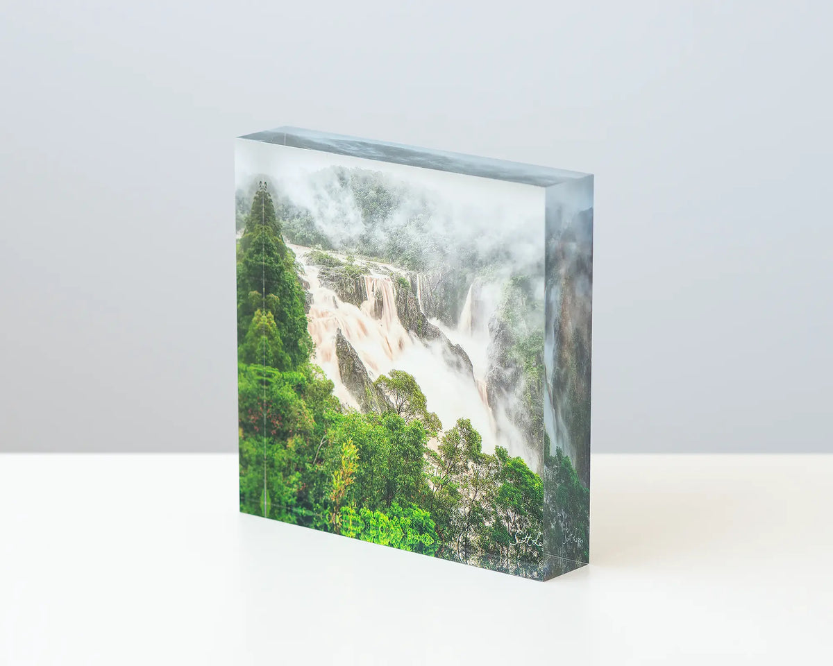 Tropical Pour acrylic block displayed on a desk. 