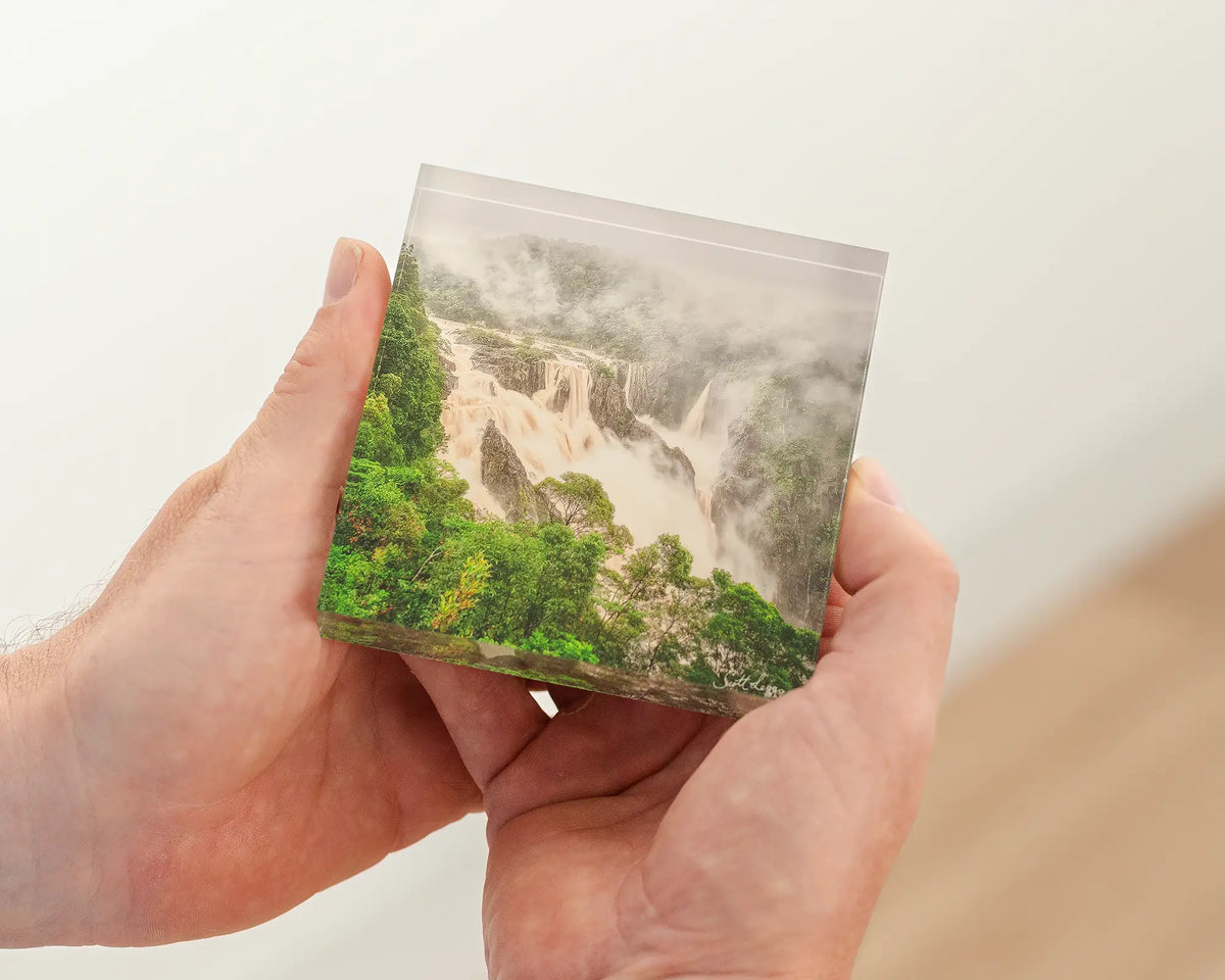 Tropical Pour acrylic block being held. 