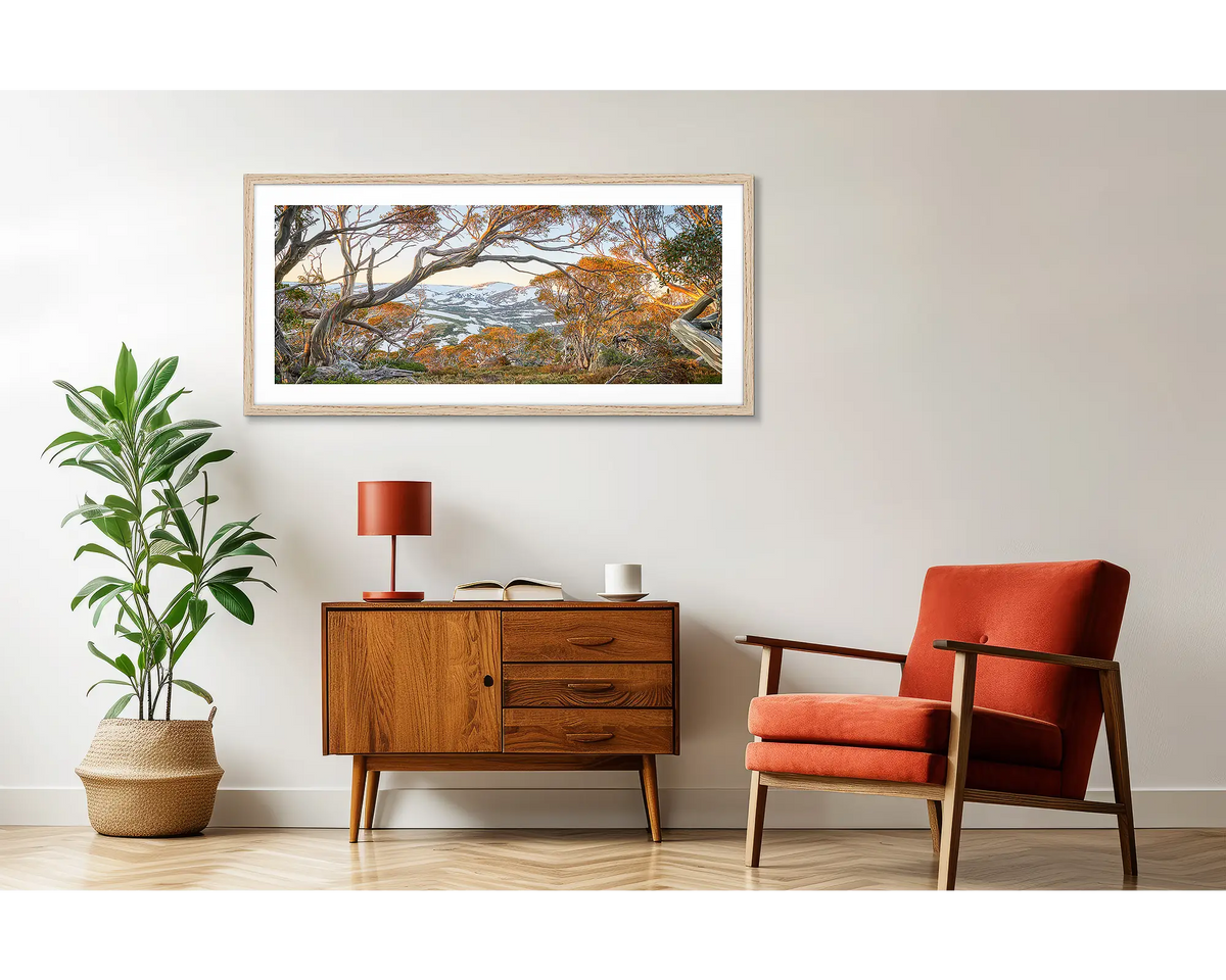 Twynam&#39;s View. Snowy Mountains framed wall art, in a sitting room. 