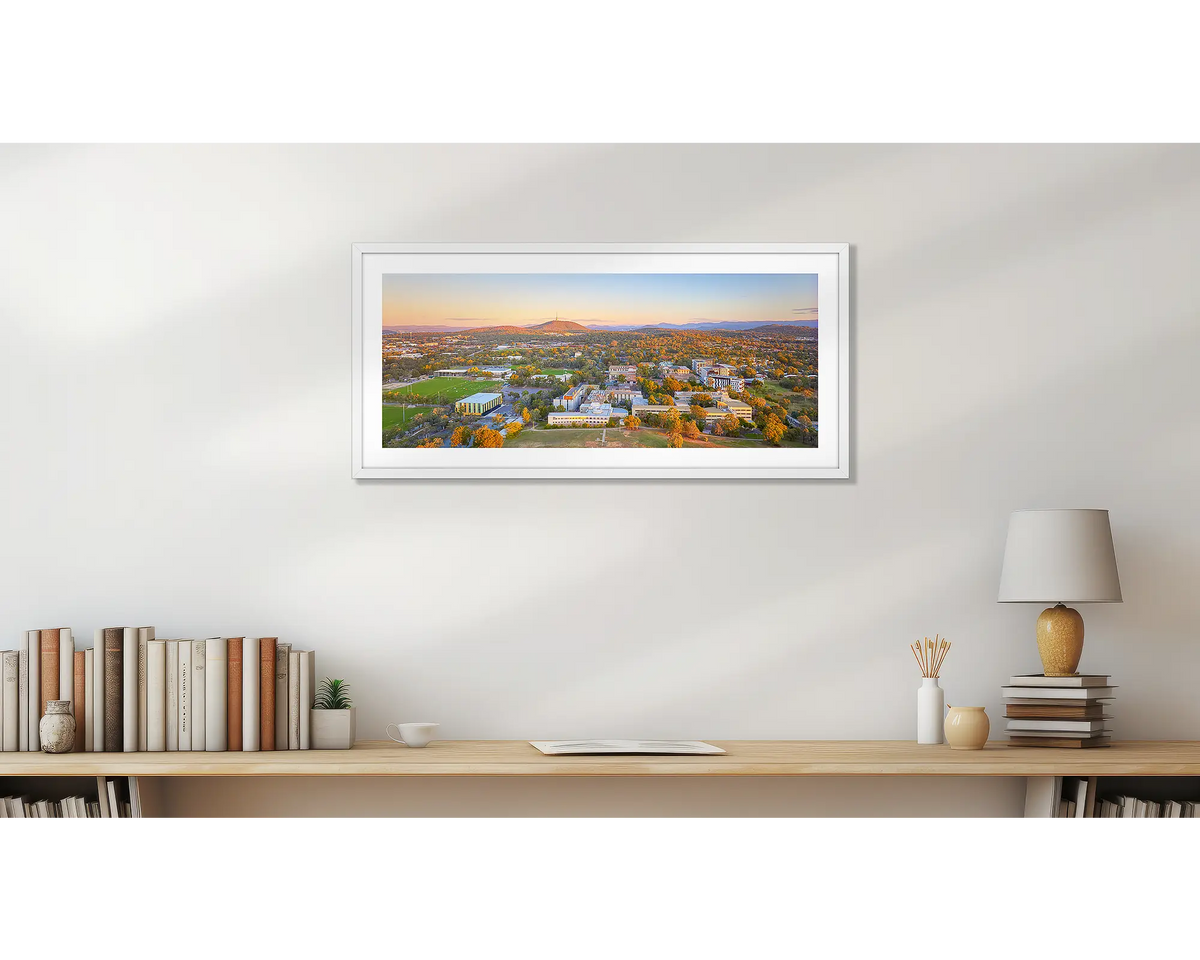 University Sunset. University of Canberra wall art print, with a white frame. 