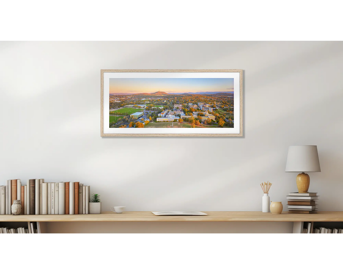 University Sunset. University Of Canberra wall art print with wood frame.