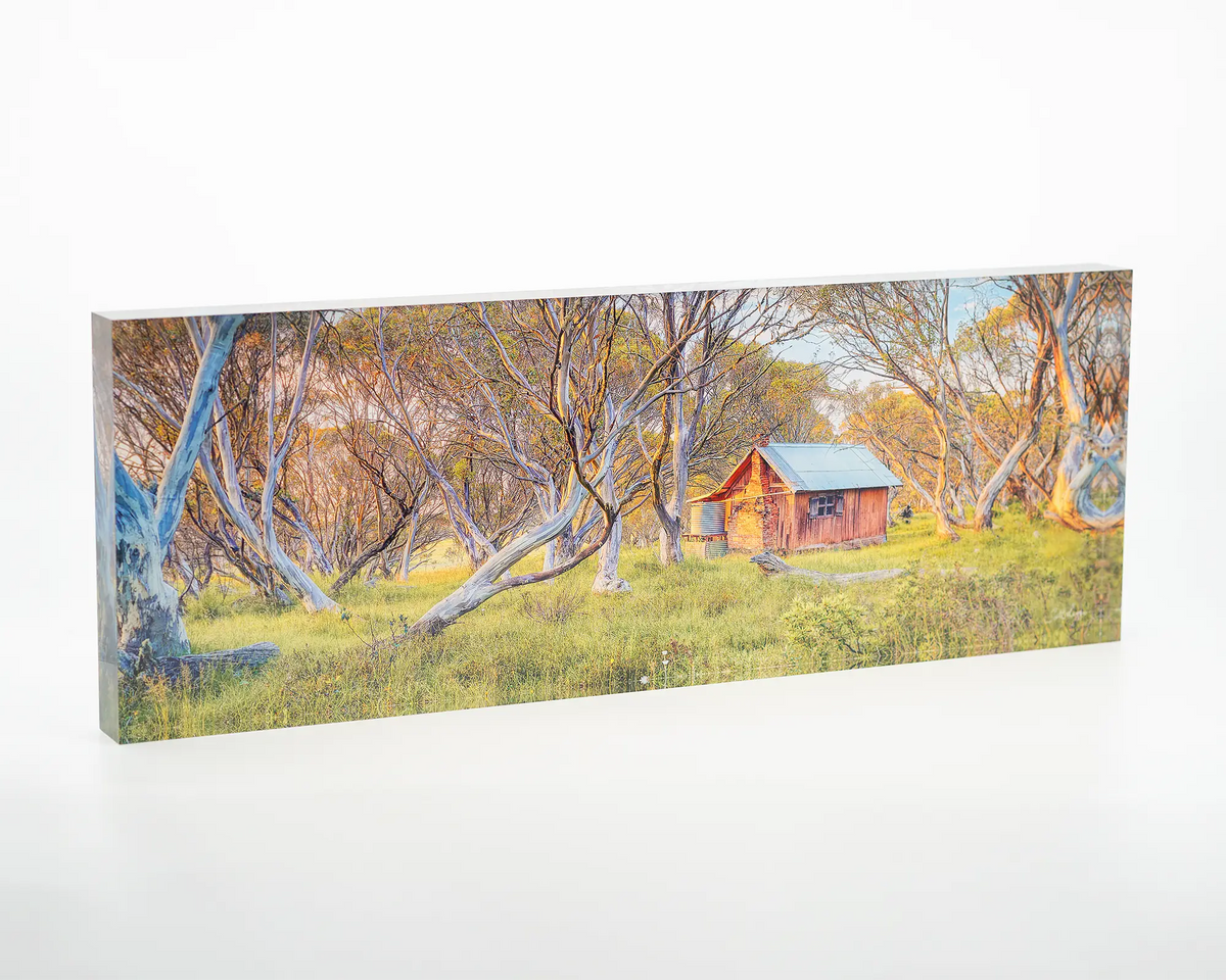 Waking Up acrylic block - JB Hut artwork, Alpine National Park, Victoria. 