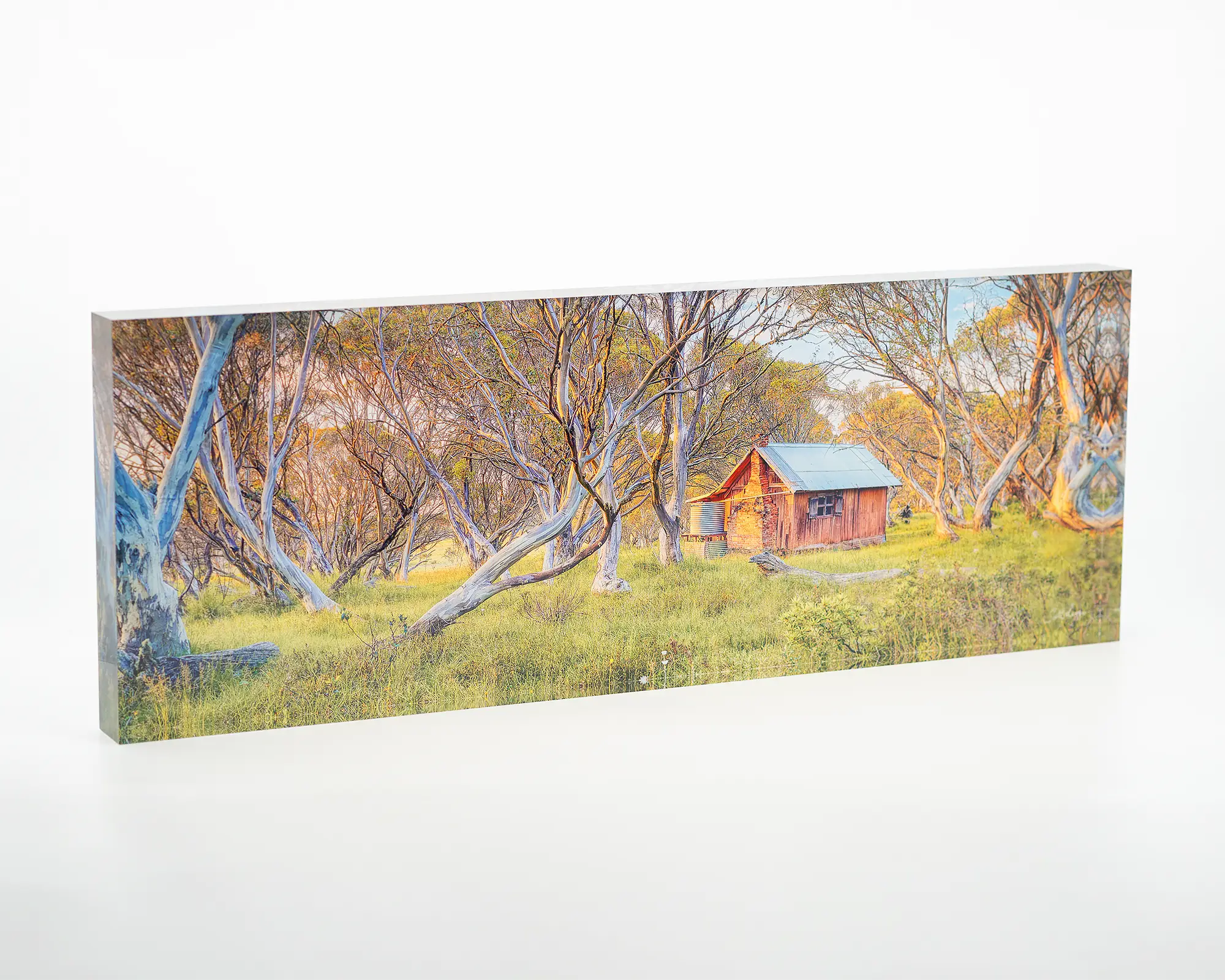 Waking Up acrylic block - JB Hut artwork, Alpine National Park, Victoria. 