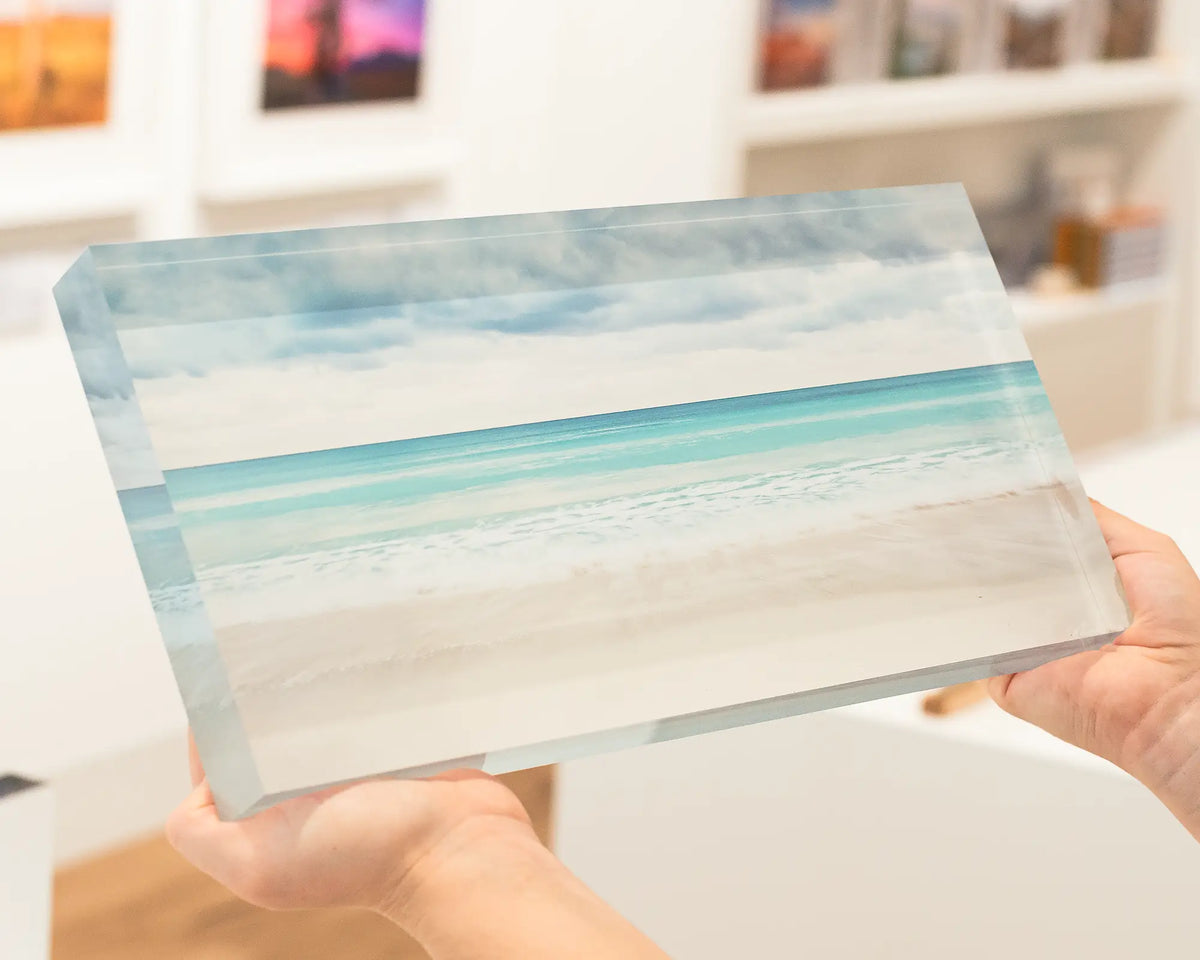 Washed. Acrylic block of coastal colours at Geographe Bay, Western Australia. Australian artwork being held.