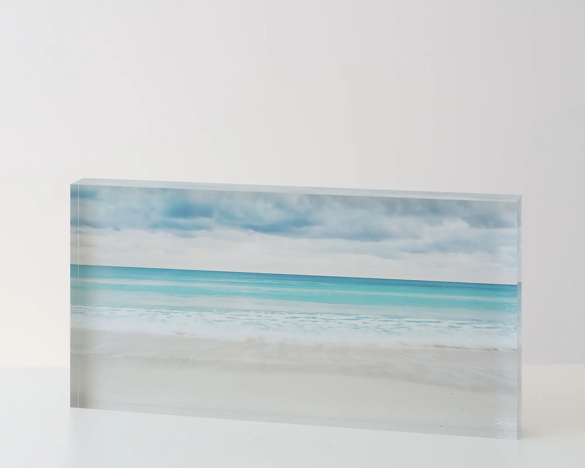 Washed. Acrylic block of coastal colours at Geographe Bay, Western Australia. Australian artwork on table.