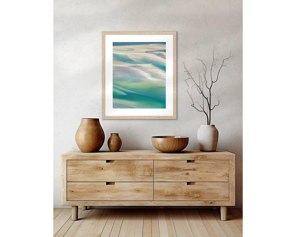 Whitsunday Colours. Coastal wall art hanging above modern side table.