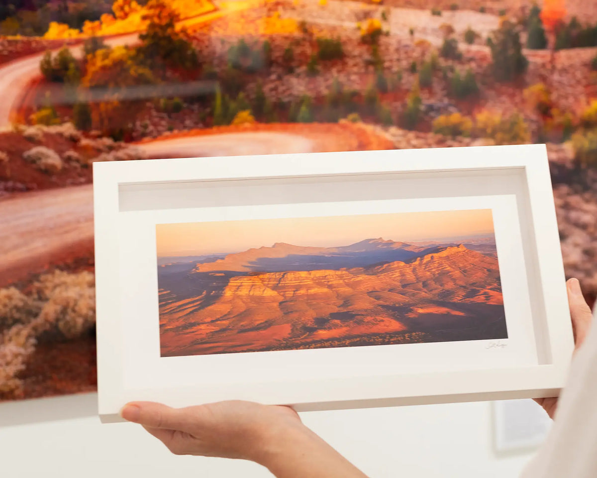 Wilpena - Flinders Ranges aerial sunrise small framed print with White border.