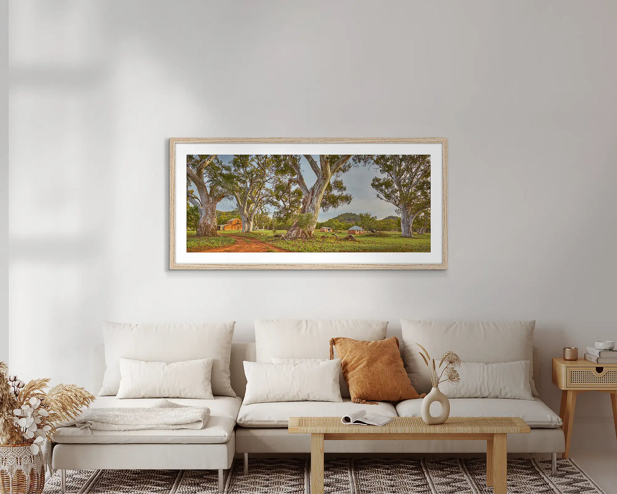 Wilpena Heritage. Flinders ranges artwork, in a Tasmanian oak frame, in a lounge room. 