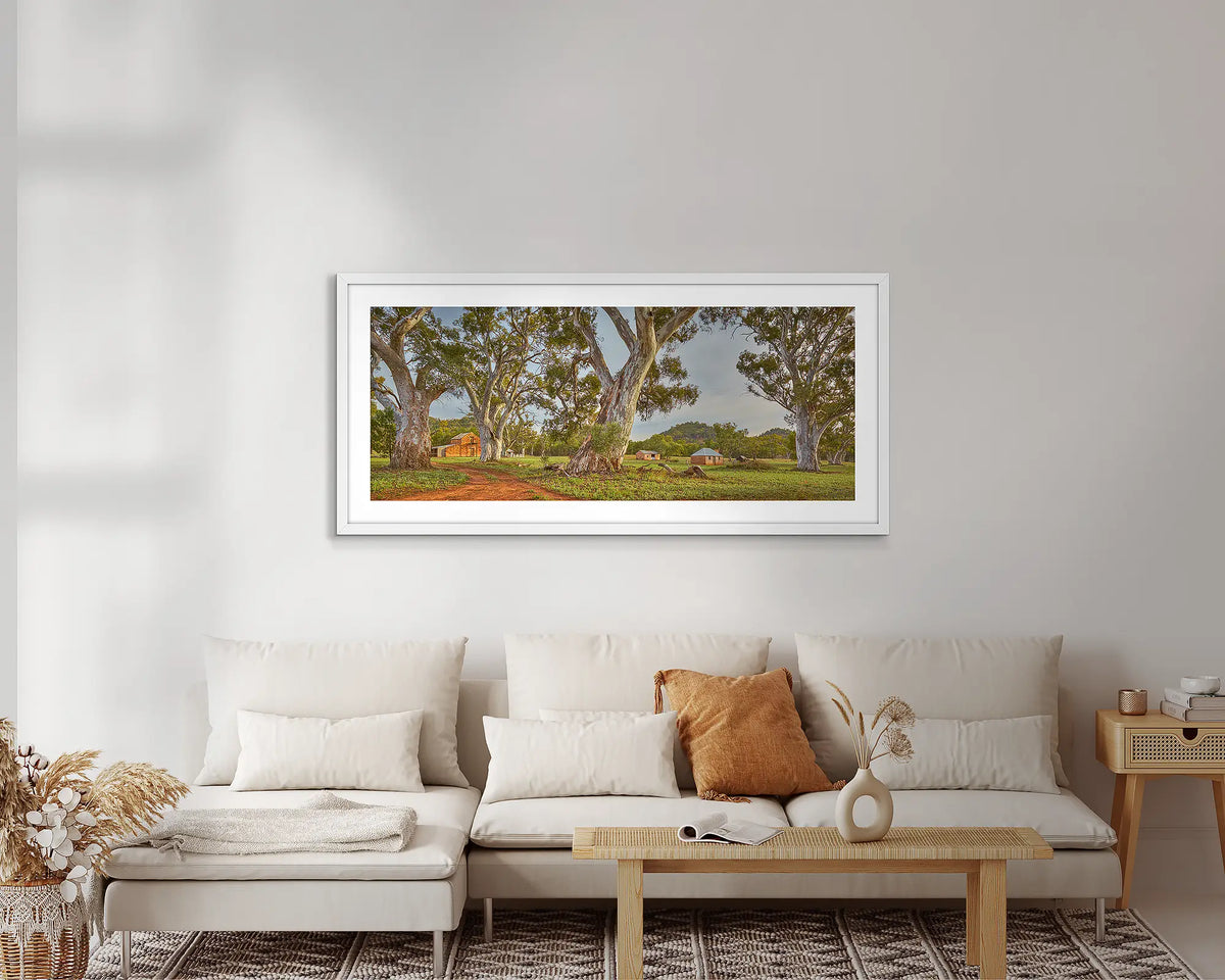 Wilpena Heritage. Flinders ranges artwork, in a white frame, in a lounge room. 