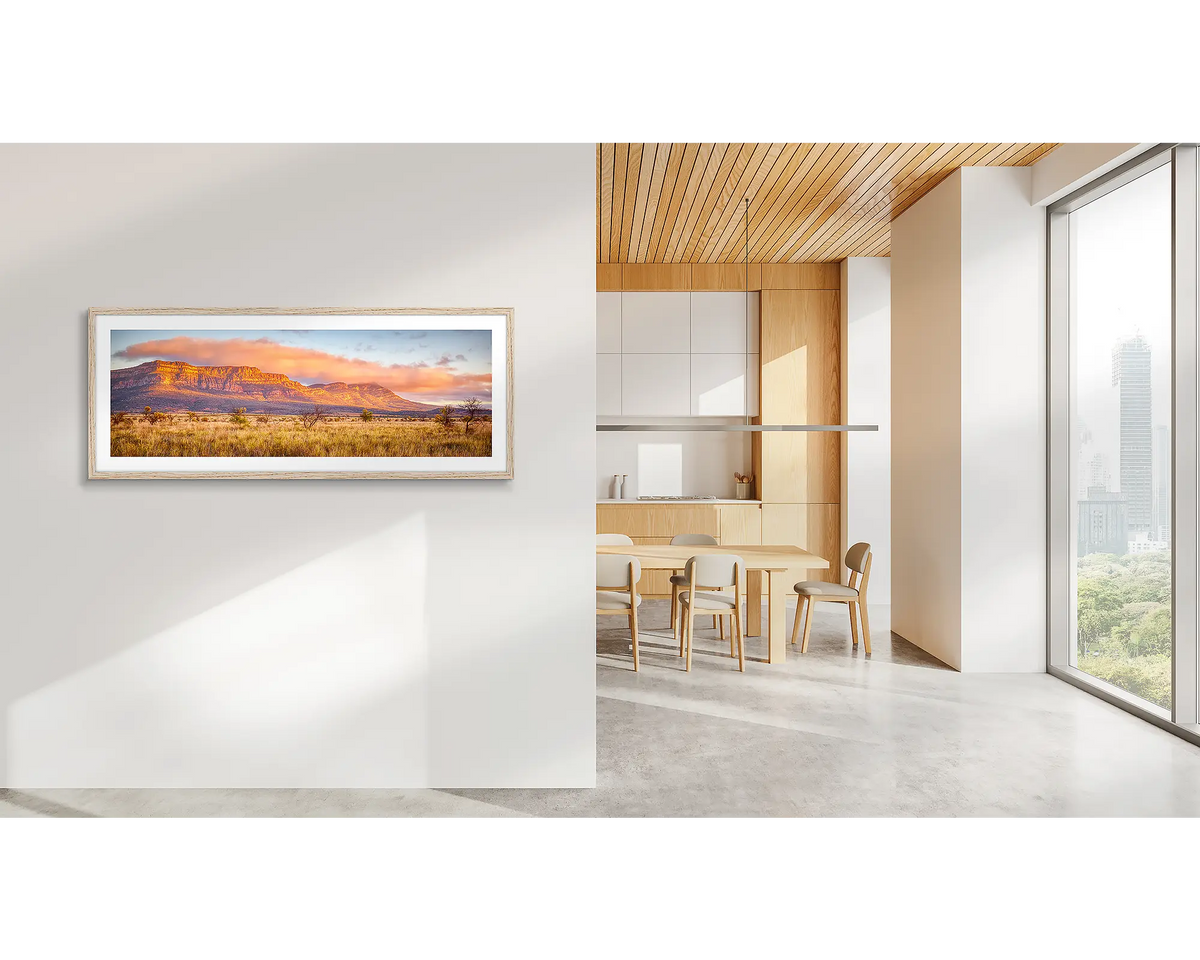 Wilpena Waking. Flinders ranges artwork, with a timber frame, in a CBD office. 