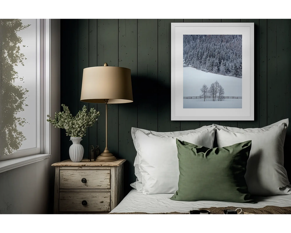 Winter Discovery. Wall art print, in a white frame, hanging on a bedroom wall.