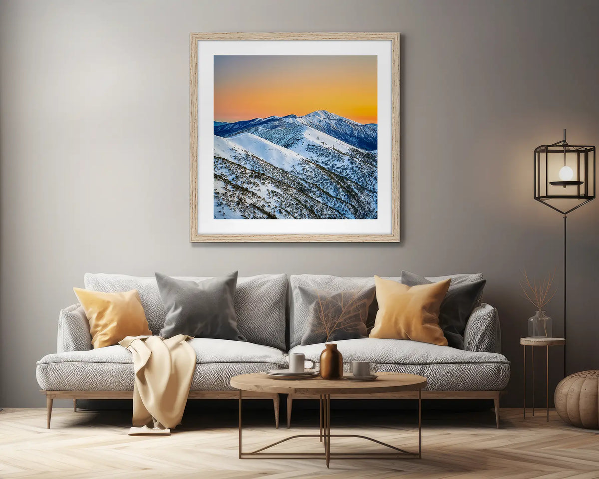 Winter Glow. Alpine artwork, with a timber frame, on a lounge room wall. 