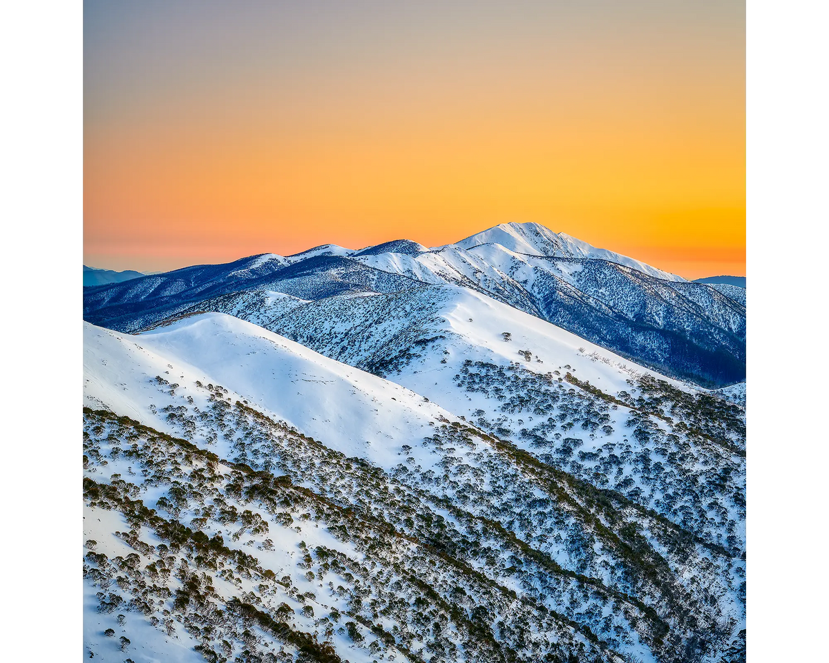 Glowing orange sunrise over the summit of Mount Feathertop, Alpine National Park, Victoria. 