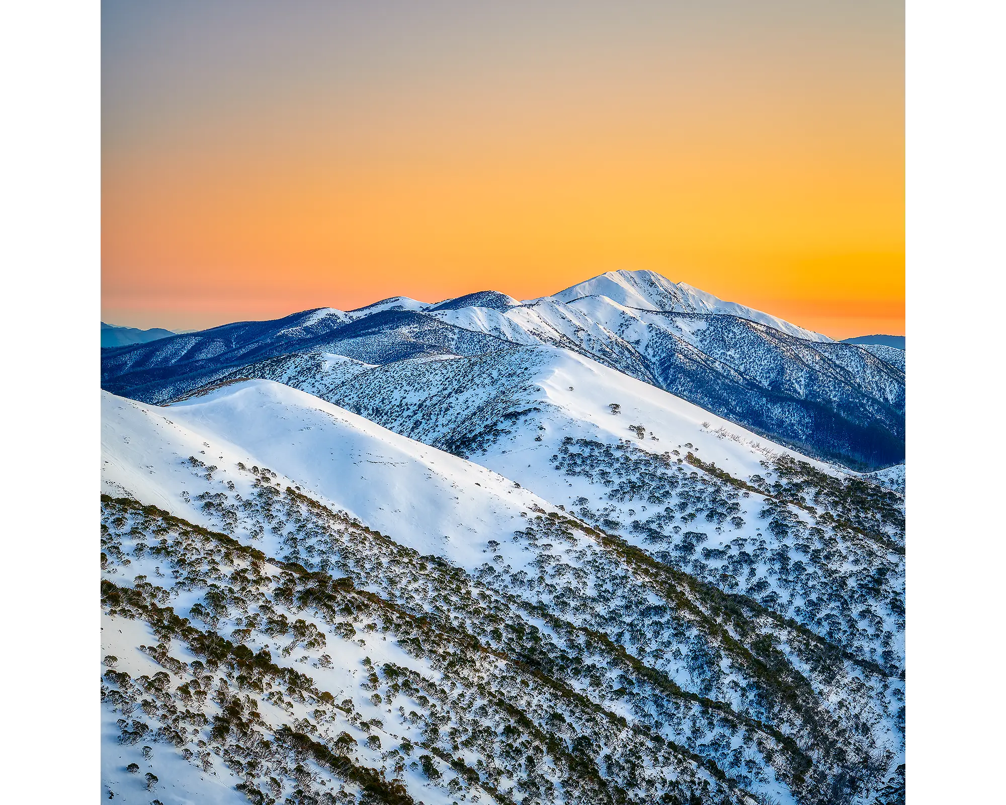 Winter Glow acrylic block. Winter alpine sunrise, Mount Feathertop.